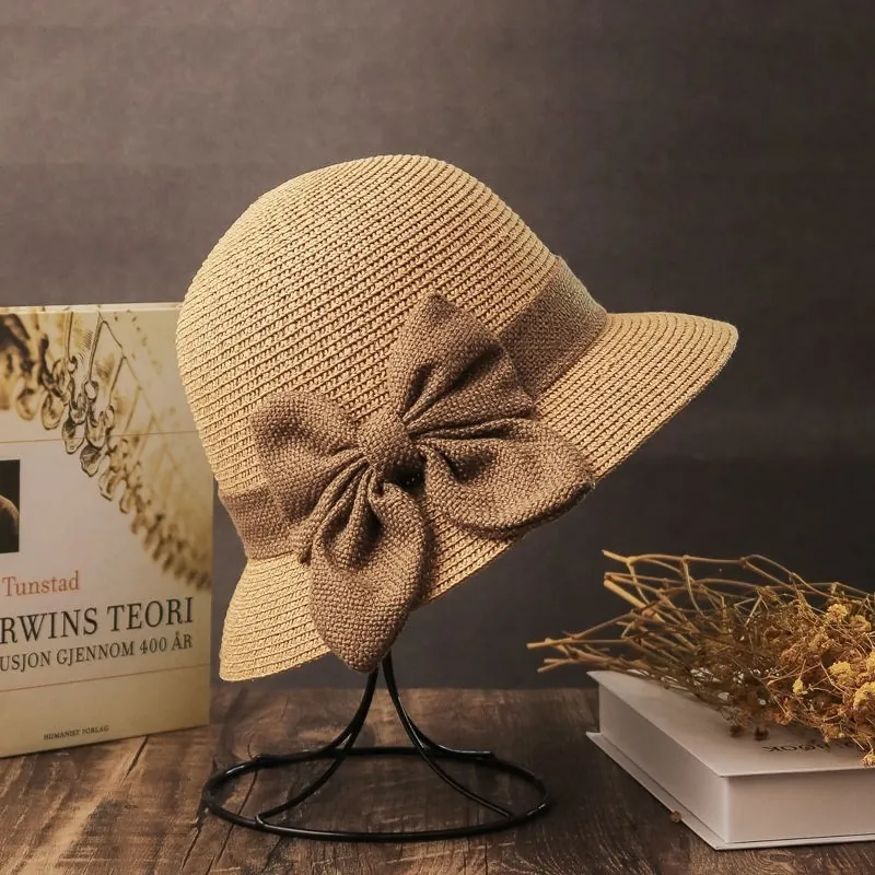 Women Straw Sun Hat Foldable Paper Braid Cloche Bucket Cap With Bow Decoration Summer Beach Elegant Vintage