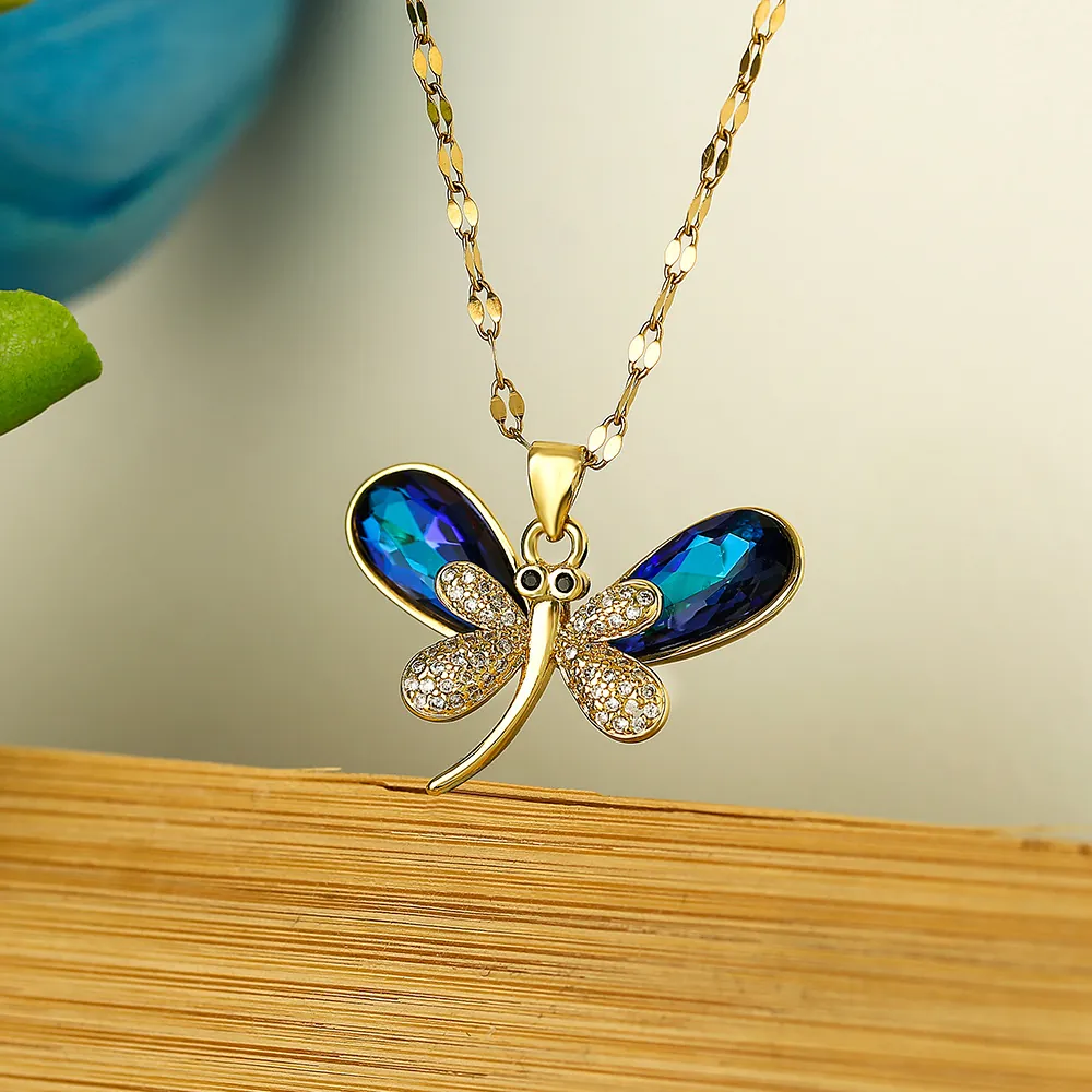 Collana Con Ciondolo A Libellula Rame Placcato Oro Con Zircone E Cristalli Blu Catena Per Clavicicola Da Donna