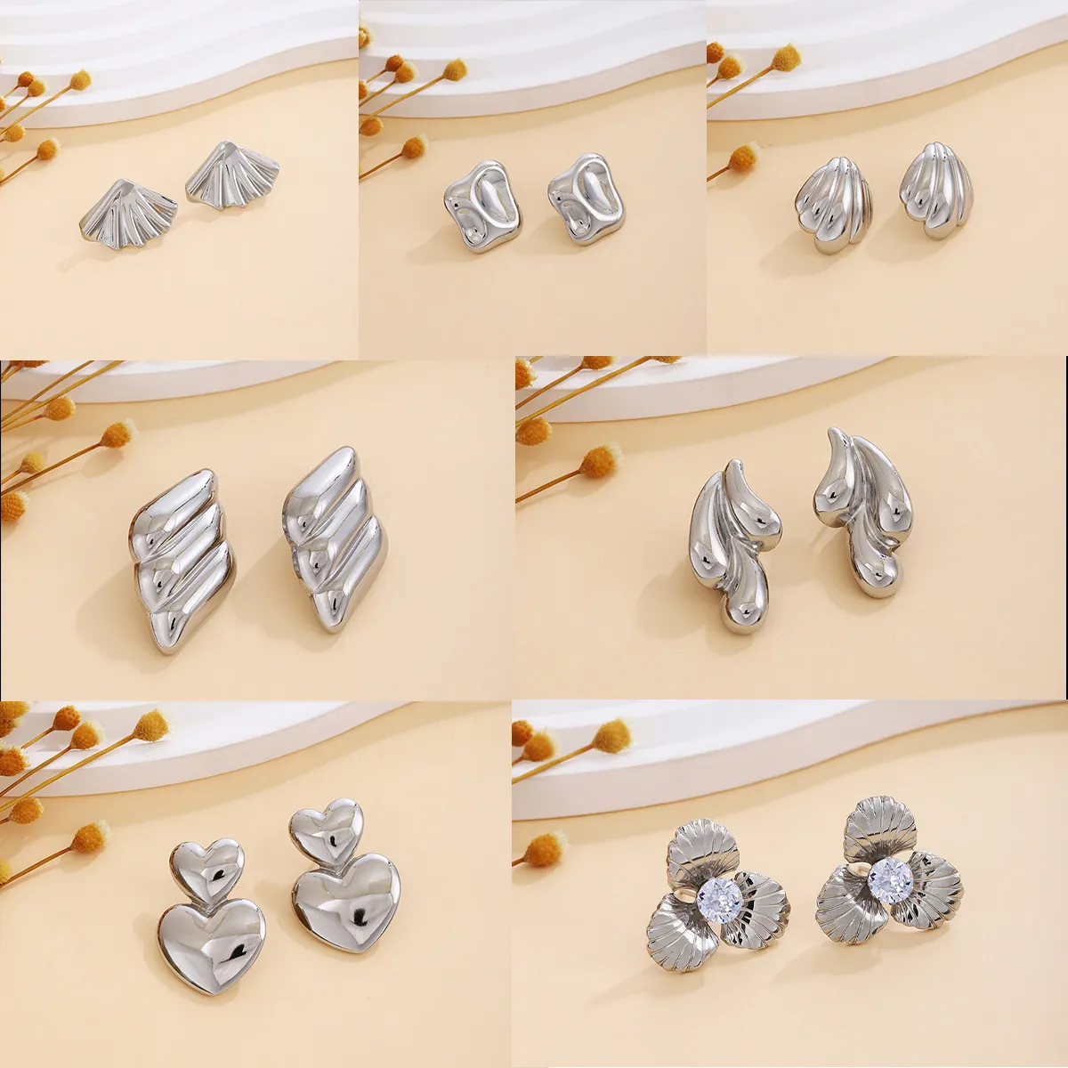 Silver Textured Stud Earrings Stainless Steel Heart Butterfly Geometric Wave Minimalist Chic Fashion Jewelry For Women