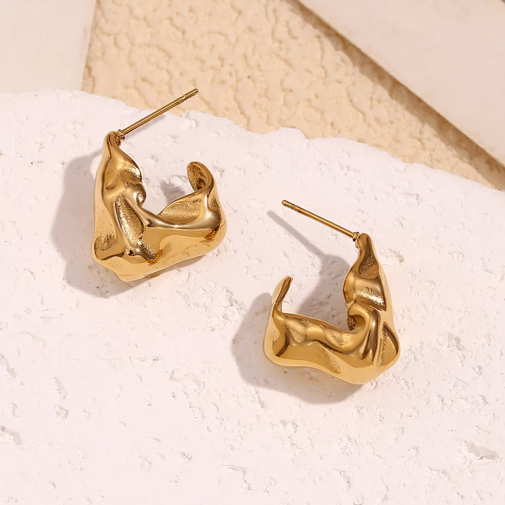 Vintage Irregular Hammered Hook Earrings 18K Gold Plated Stainless Steel Molten Texture Minimalist Jewelry For Women