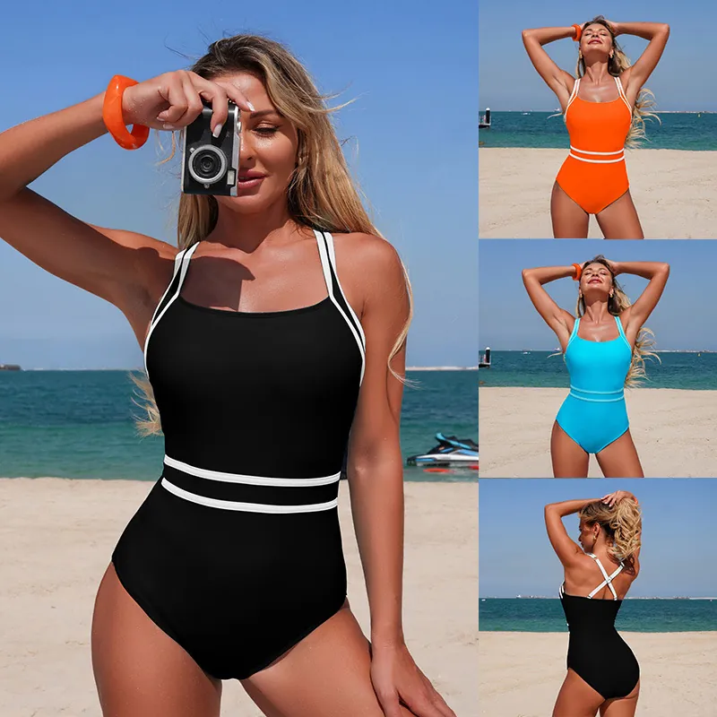 Women Sporty Swimsuit Contrasting Color Trim Racerback Nylon High Elastic Quick Dry Beach Pool Bathing Clothing