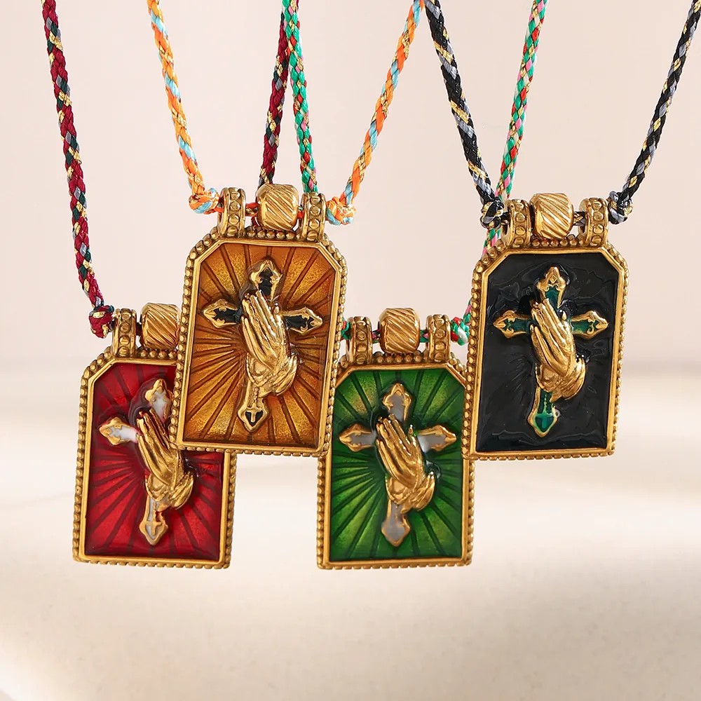 Prayer Hands Cross Pendant Necklace Stainless Steel Gold Plated Enamel Tarot Card Woven Rope Religious Jewelry Women