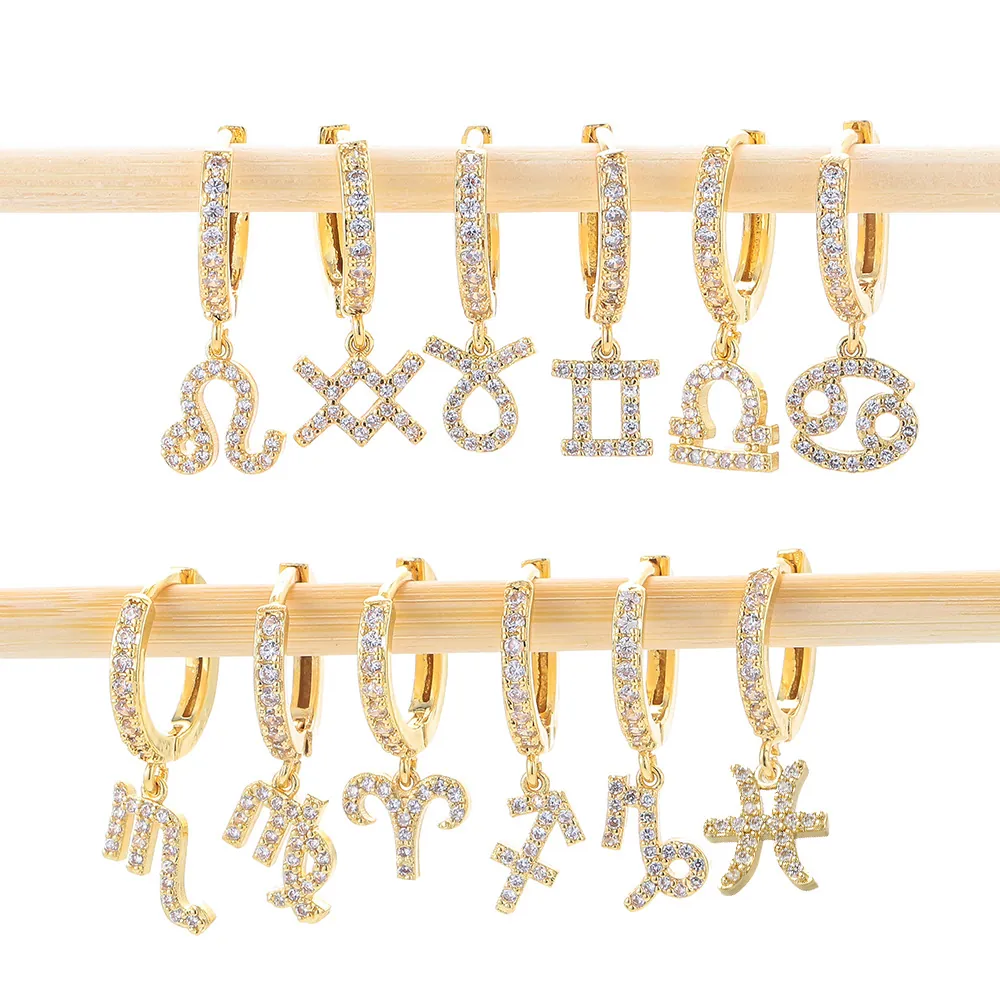 Zodiac Constellation Stud Earrings For Women Copper Zirconia Gold Silver Plated Aries Taurus Gemini Leo Pendant Jewelry