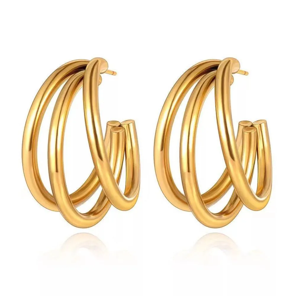 Triple Ring C-Shaped Hoop Earrings For Women Stainless Steel Minimalist Geometric Trendy Lightweight Versatile Jewelry