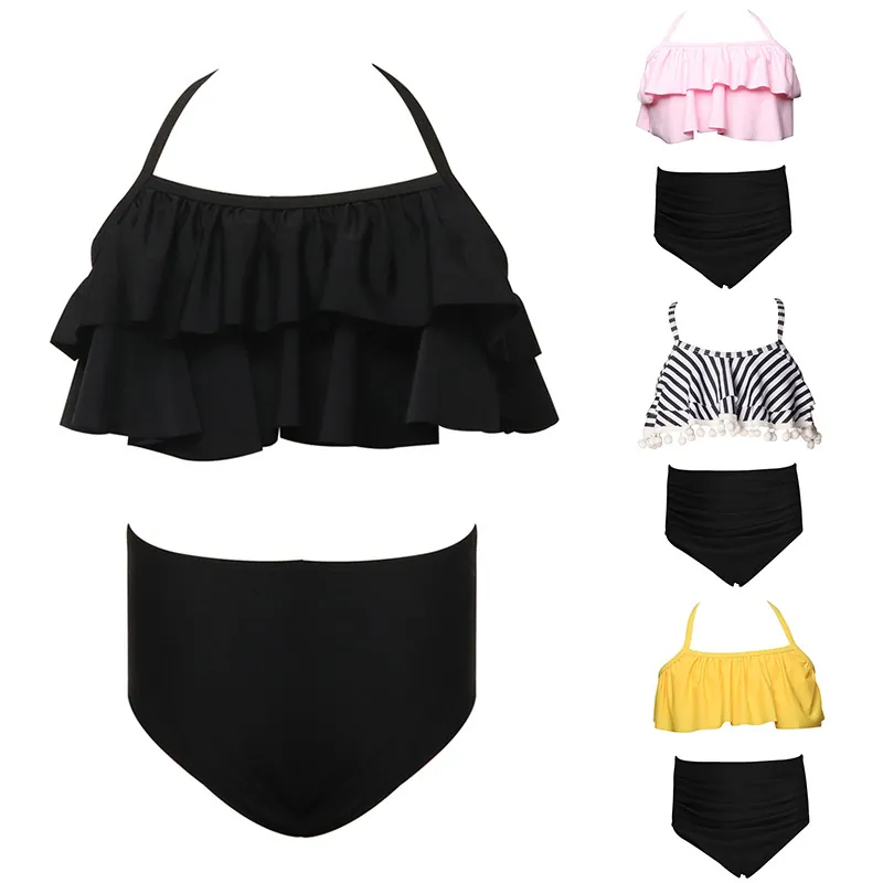 Girls Bikini Swimsuit Ruffle Halter High Waisted Nylon Tassel Pom Pom Beach Kids Swimwear Top And Bottom