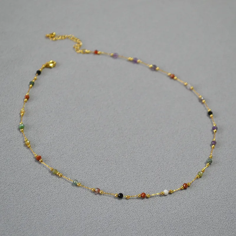 Retro Multi Color Natural Stone Necklace Faceted Beads Alloy Minimalist Bohemian Sweet Jewelry For Women