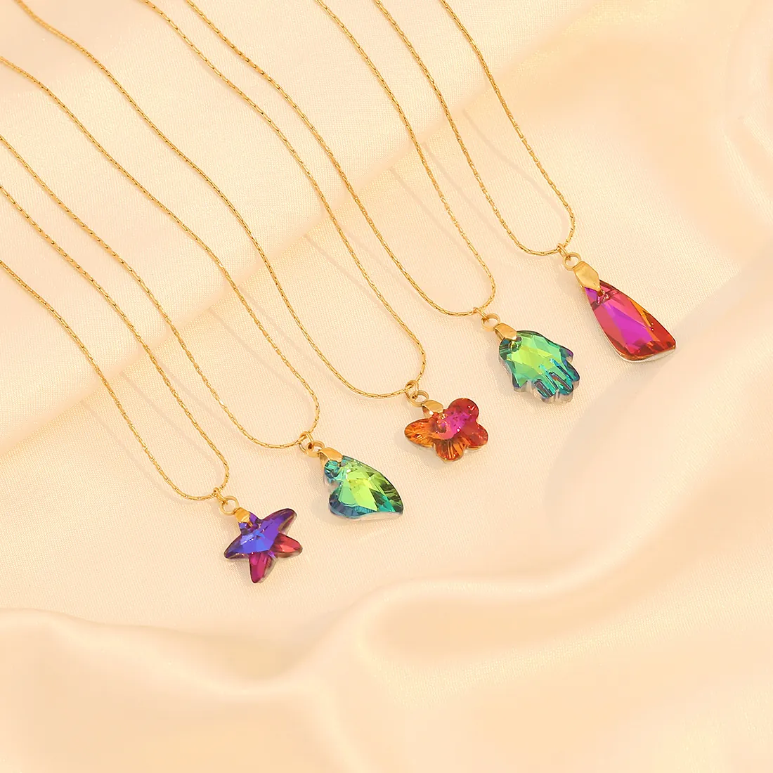 Papillon Cœur Étoile De Mer Hamsa Goutte Pendentif Collier Boucles D'Oreilles Acier Inoxydable Verre Cristal Dégradé Bijoux Femmes