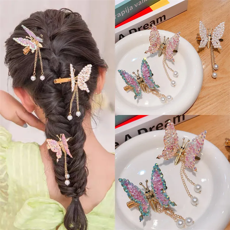 Butterfly Hair Clip Alloy Rhinestone Faux Artificial Pearl Tassel Movable Wings Sweet Accessories For Kids Girls