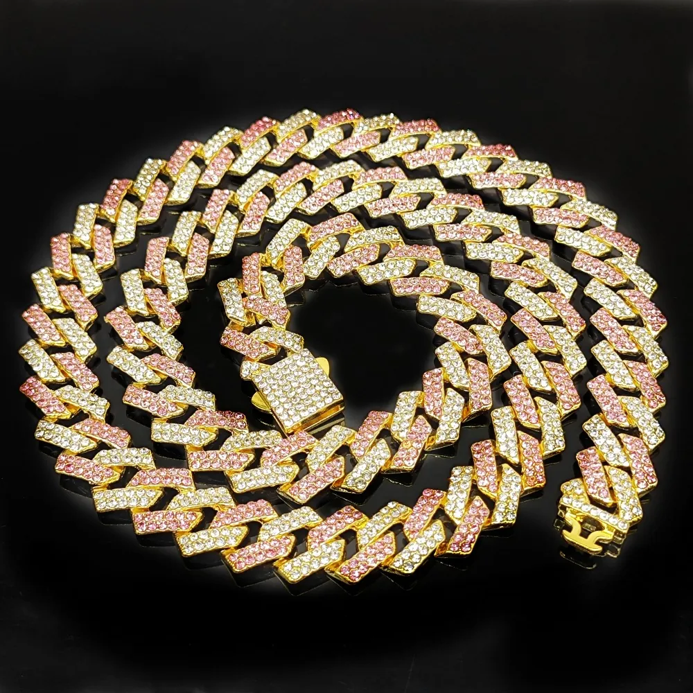 Hip Hop Cuban Link Chain Necklace Alloy Iced Out Rhinestone Two Tone Box Clasp Streetwear Jewelry For Men
