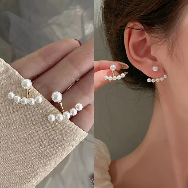 Elegant Vintage Artificial Pearl Ear Jackets Alloy Front Back Curved Earrings For Women French Chic Retro Style