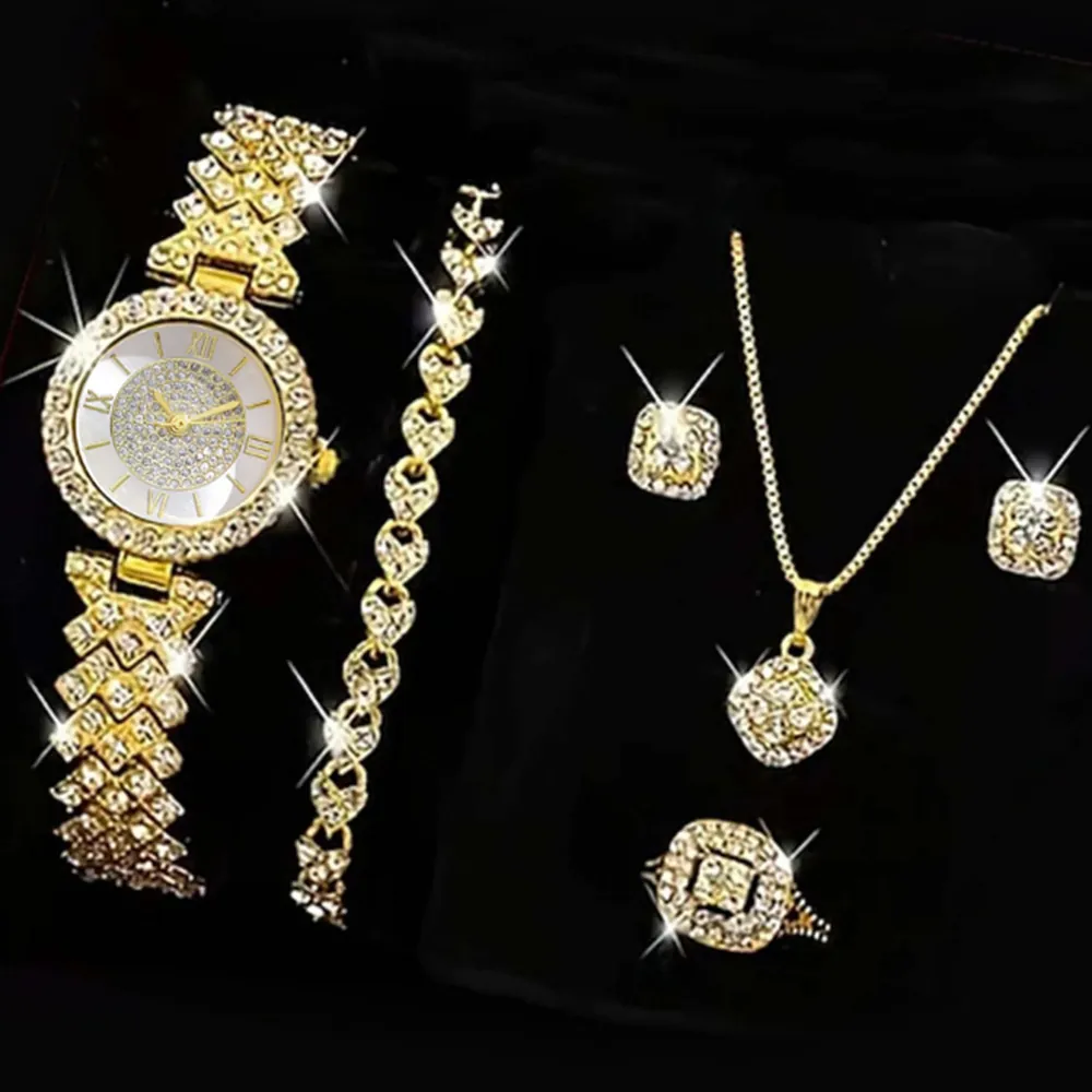 Women Luxury Rhinestone Alloy Quartz Wristwatch Necklace Bracelet Earrings Ring Elegant Fashion Jewelry Ladies Gift
