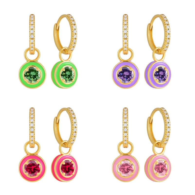 Enamel Round Zirconia Hoop Drop Earrings For Women Fashion Copper Jewelry With 925 Sterling Silver Earring Post Colorful Gift