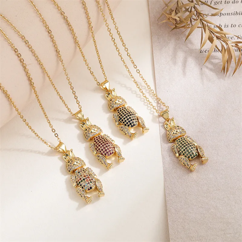 Collier Pendentif Lapin Cuivre Zircon Micro Pavé Plaqué Or Bijoux De Chaîne De Clavicule Animal Mignon Pour Femmes