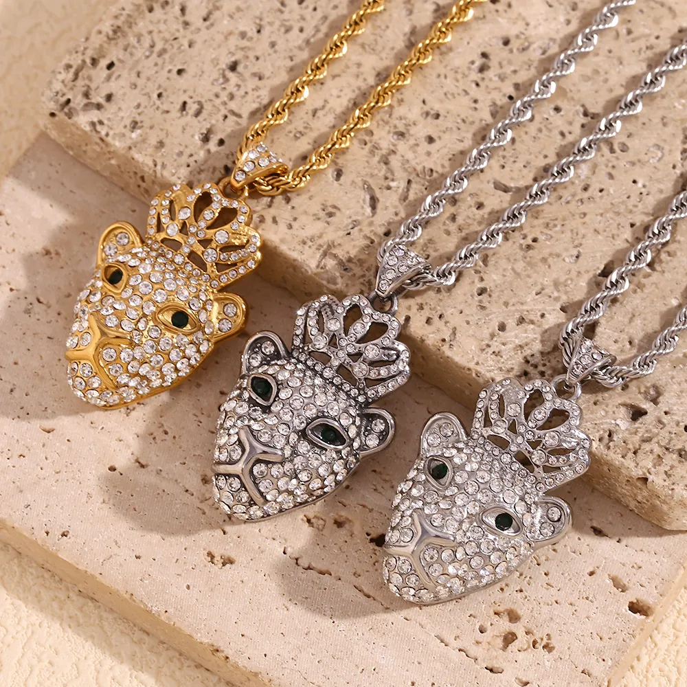 Hip Hop Iced Out Crown Leopard Head Pendant Necklace For Men Stainless Steel 18K Gold Plated Luxury Rope Chain