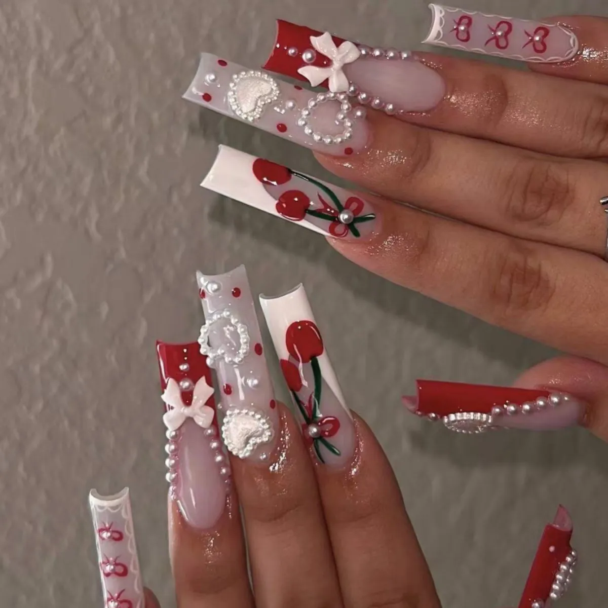 Press On Nails Long Coffin French Style Cherry Bow Heart Artificial Pearl Artificial Fake Fingernails For Women Girls Professional