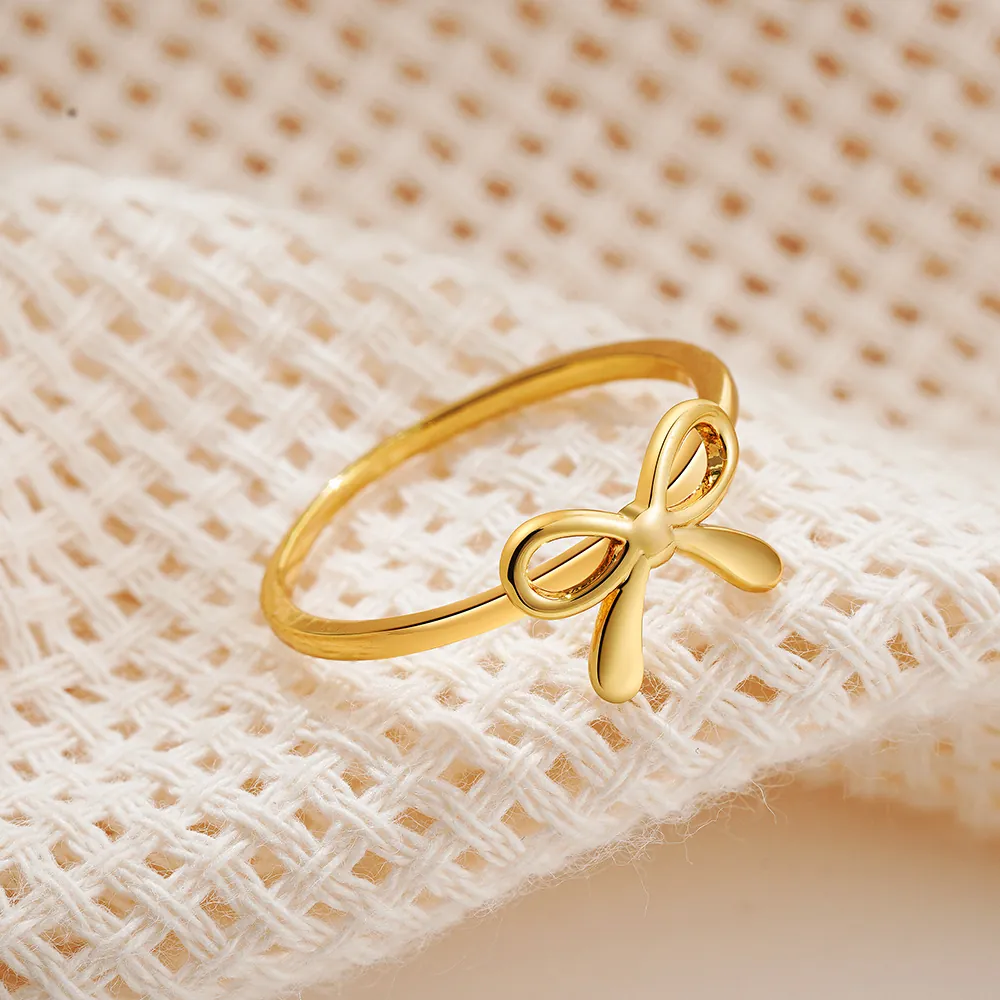 18K Gold Plated Copper Bow Ring For Women Minimalist Sweet Plain Band Bowknot Finger Ring Elegant Fashion Jewelry Accessories Gift