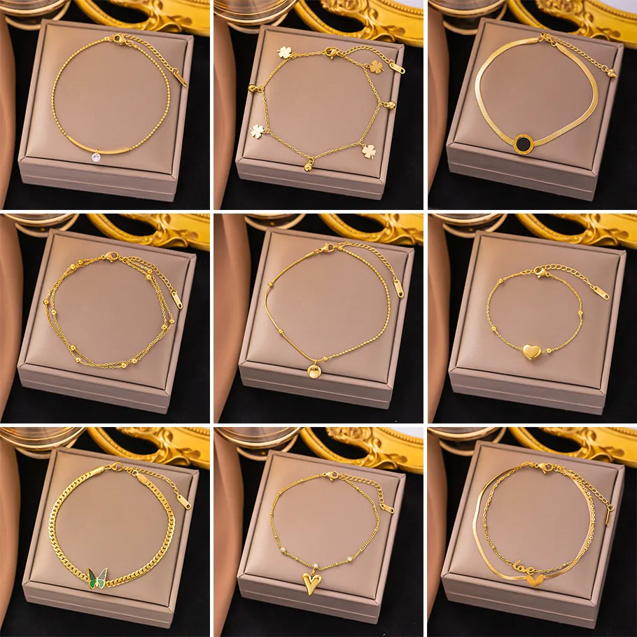 Women Titanium Steel Anklet Gold Plated Double Layer Heart Butterfly Shell Charms Fashion Elegant Foot Jewelry Gift