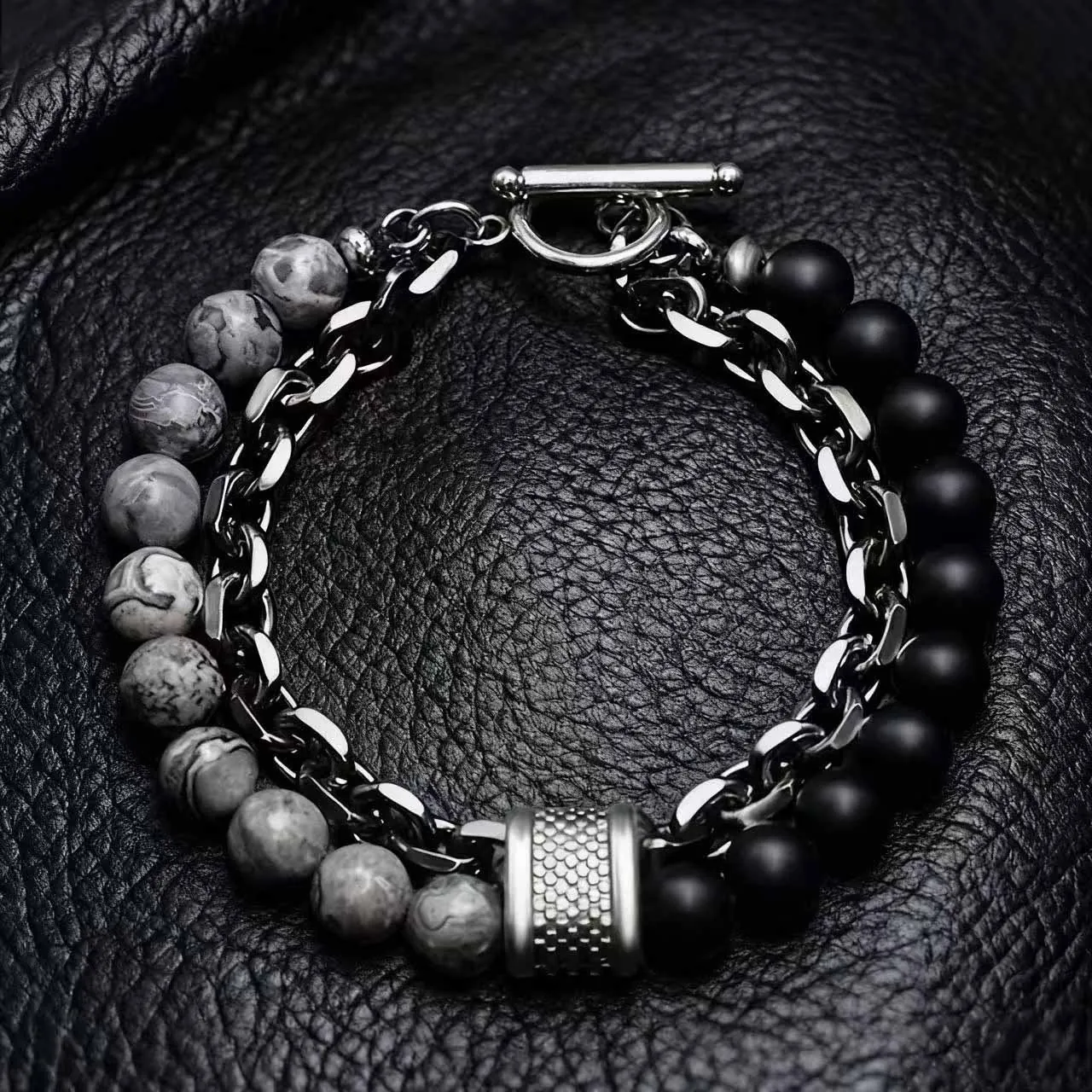 Men Bracelet Natural Stone Tiger Eye Lava Bead Double Layer Alloy Metal Chain OT Buckle Street Style Jewelry Accessory