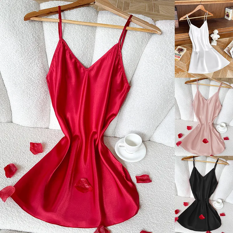 Chemise De Nuit En Satin Femme Col En V Bretelles Spaghetti Sommeil Imitation Satin Robe De Nuit Soyeux Respirant
