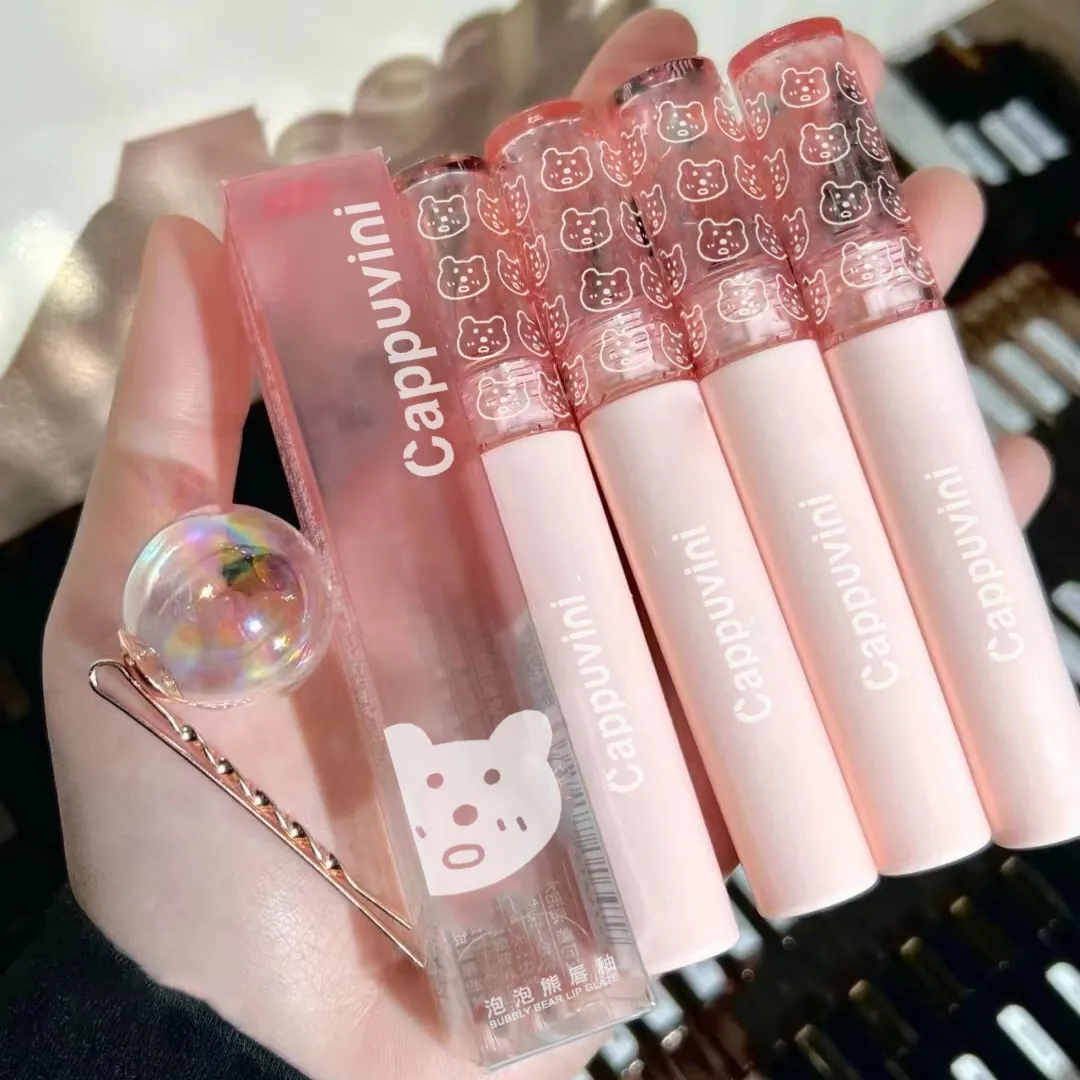 Bubbly Bear Lip Glaze Mirror Water Light Glossy Moisturizing Lip Tint Long Lasting Cute Bear Design For Women