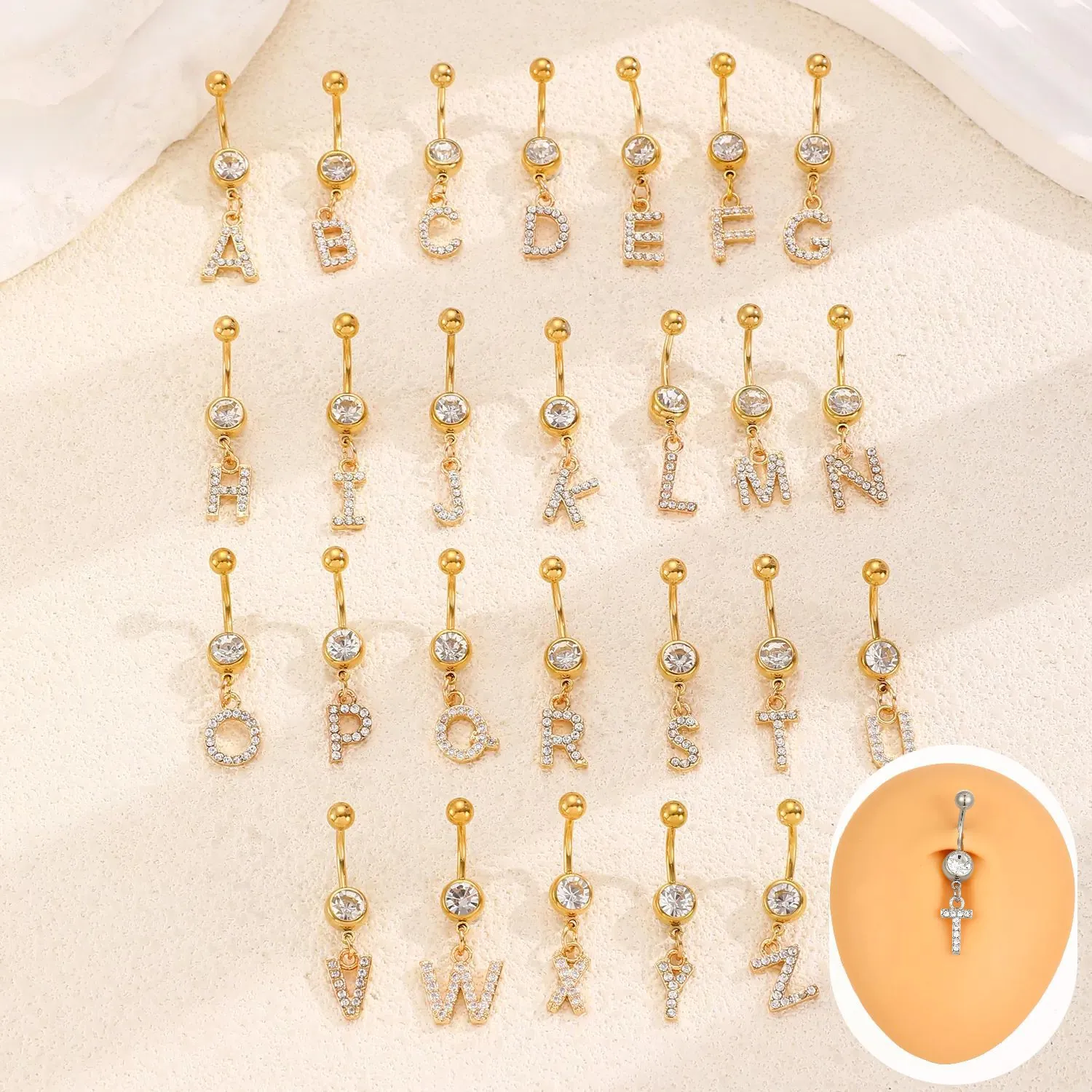 Piercing Ombelico in Acciaio Inossidabile Lega Strass Lettera per Donna Alfabeto A-Z Gioielli Piercing Oro Argento