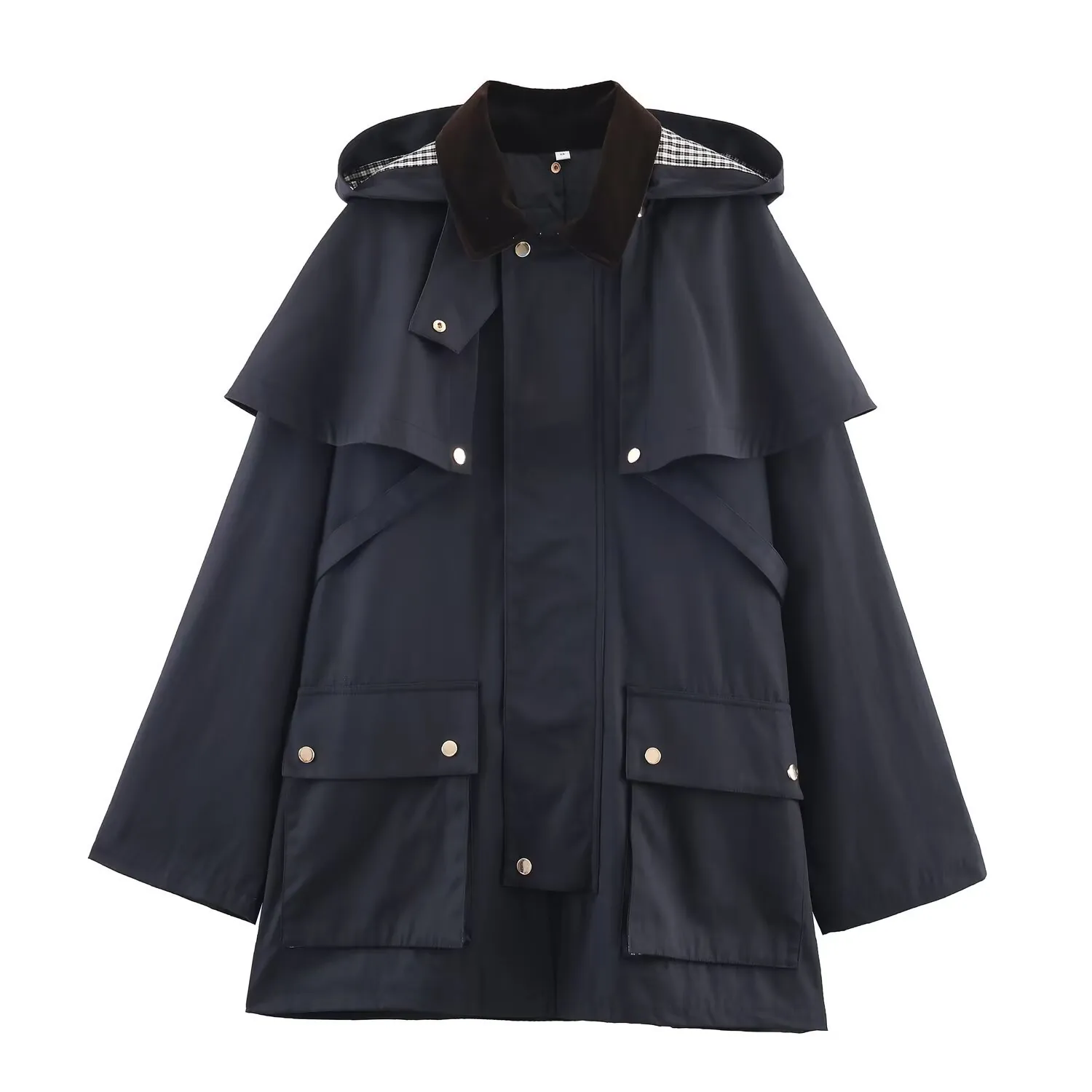 Women Hooded Trench Coat Navy Blue Corduroy Contrast Collar Plaid Lining Casual Outdoor Utility Jacket Zipper Closure