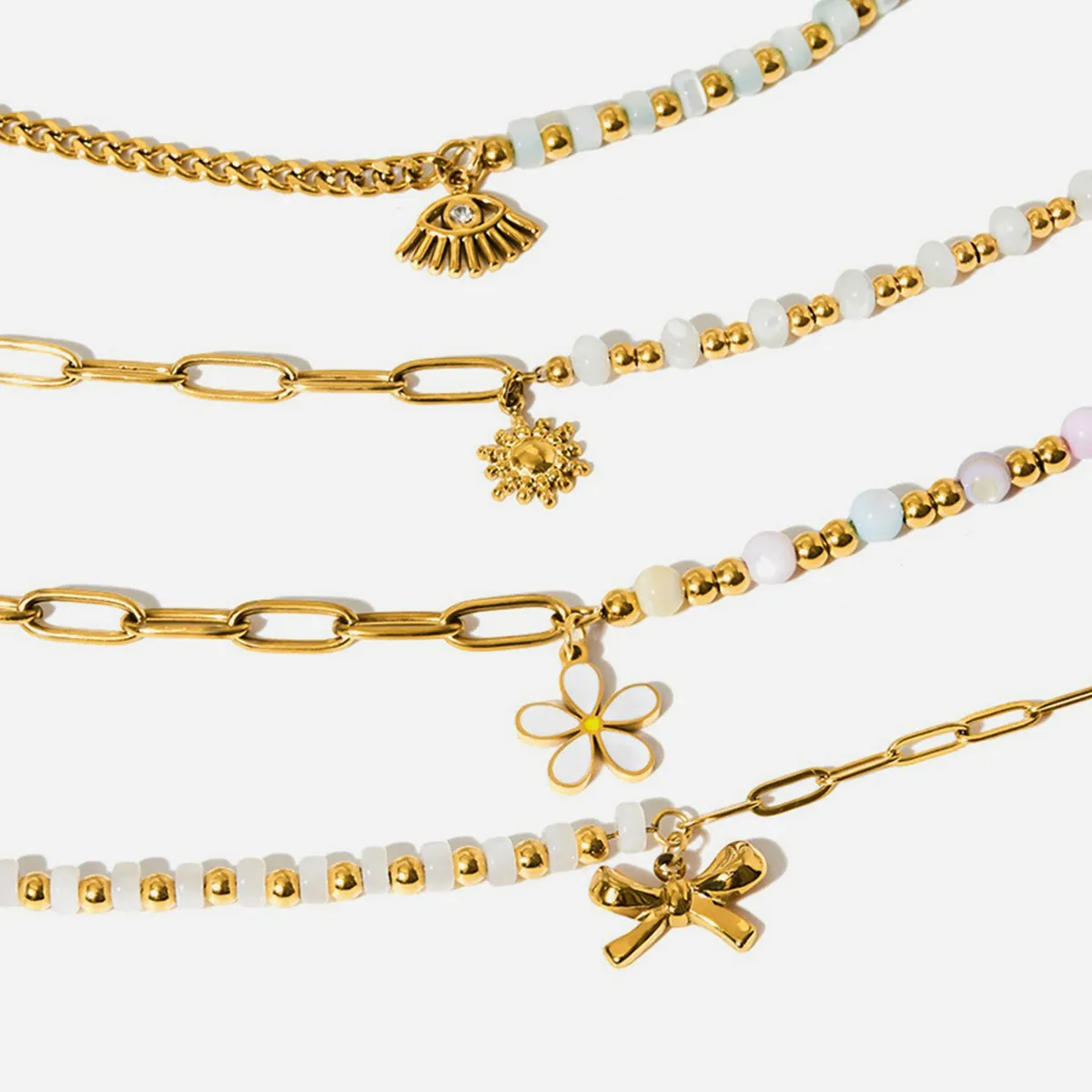 Bracelet En Acier Inoxydable Plaqué Or 18K Avec Perles Colorées Pendentifs Mauvais Œil Marguerite Bijoux Pour Femmes