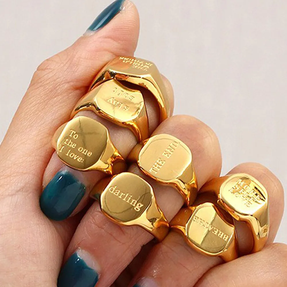 Minimalist Stainless Steel Engraved Letter Signet Ring 18K Gold Plated Square Inspirational Ring For Women Jewelry