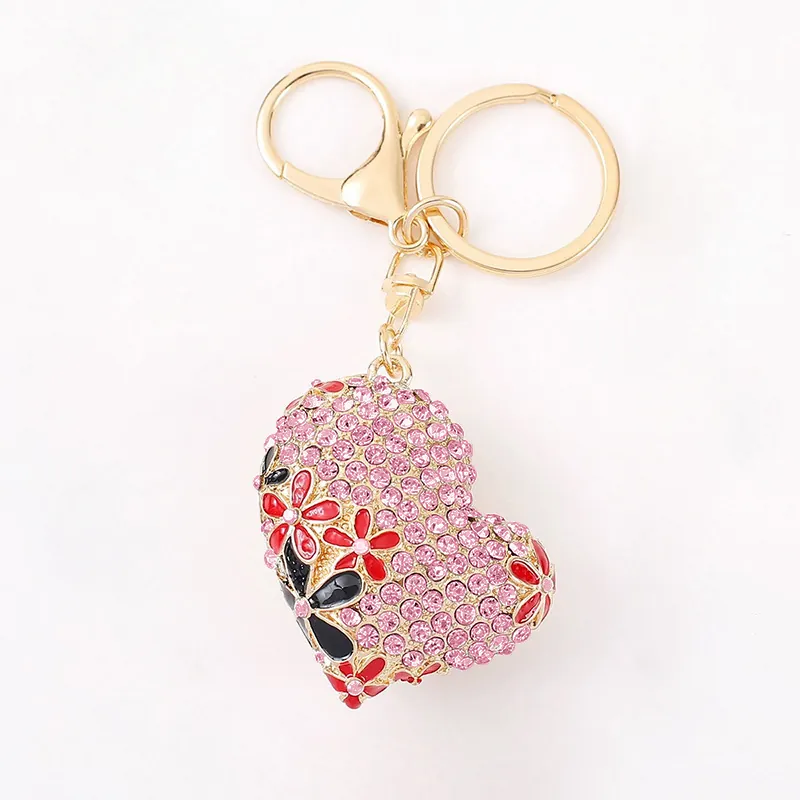 Heart Keychain Rhinestone Metal Alloy Heart Bag Charm Sparkling Flower Crown Decoration For Women Girls Gift