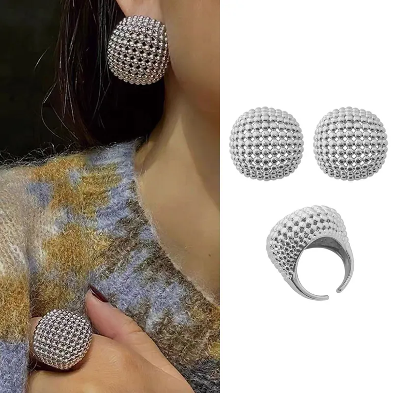Statement Schmuck Kupfer Granulierte Hohlkugel Textur Offener Ring Ohrstecker Manschetten Armband Vintage Luxus Stil