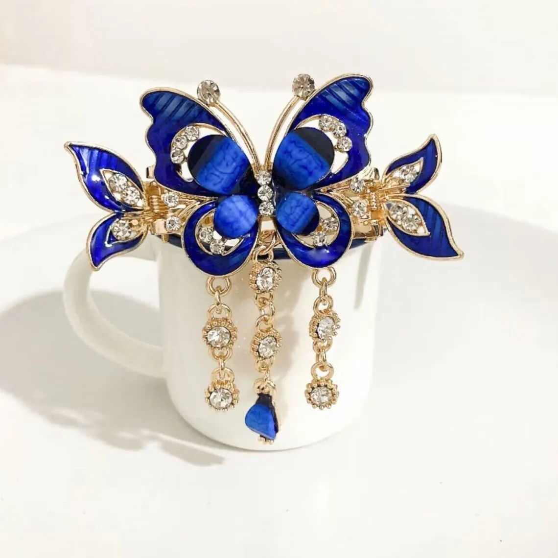 Butterfly Hair Clip Alloy Enamel Rhinestone Long Tassel Water Drop Pendant Elegant Hair Claw For Women