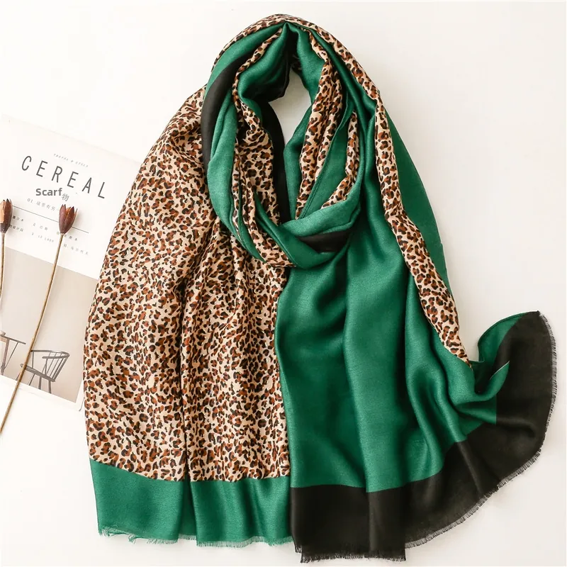 Fashion Leopard Print Color Block Scarf Shawl Women Polyester Satin Bronzing Gold Foil Fringed Tassel Wrap