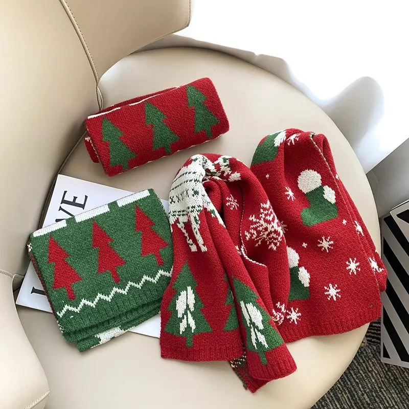 Kids Knitted Scarf Christmas Tree Reindeer Pattern Warm Winter Neck Wrap For Toddler Boys Girls Holiday Accessory