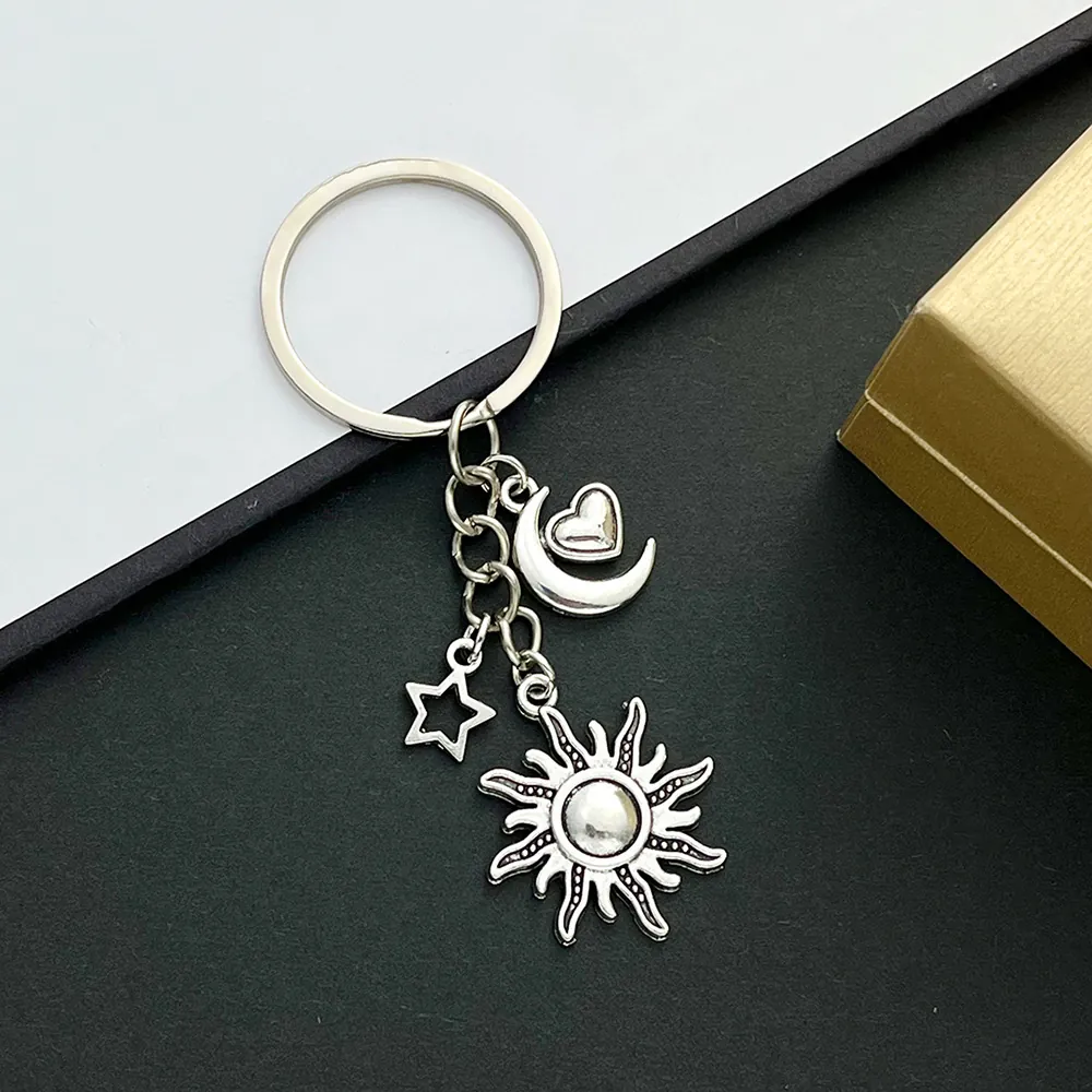 Antique Silver Alloy Keychain With Sun Moon Star And Heart Charms Celestial Theme Bag Pendant For Women And Men