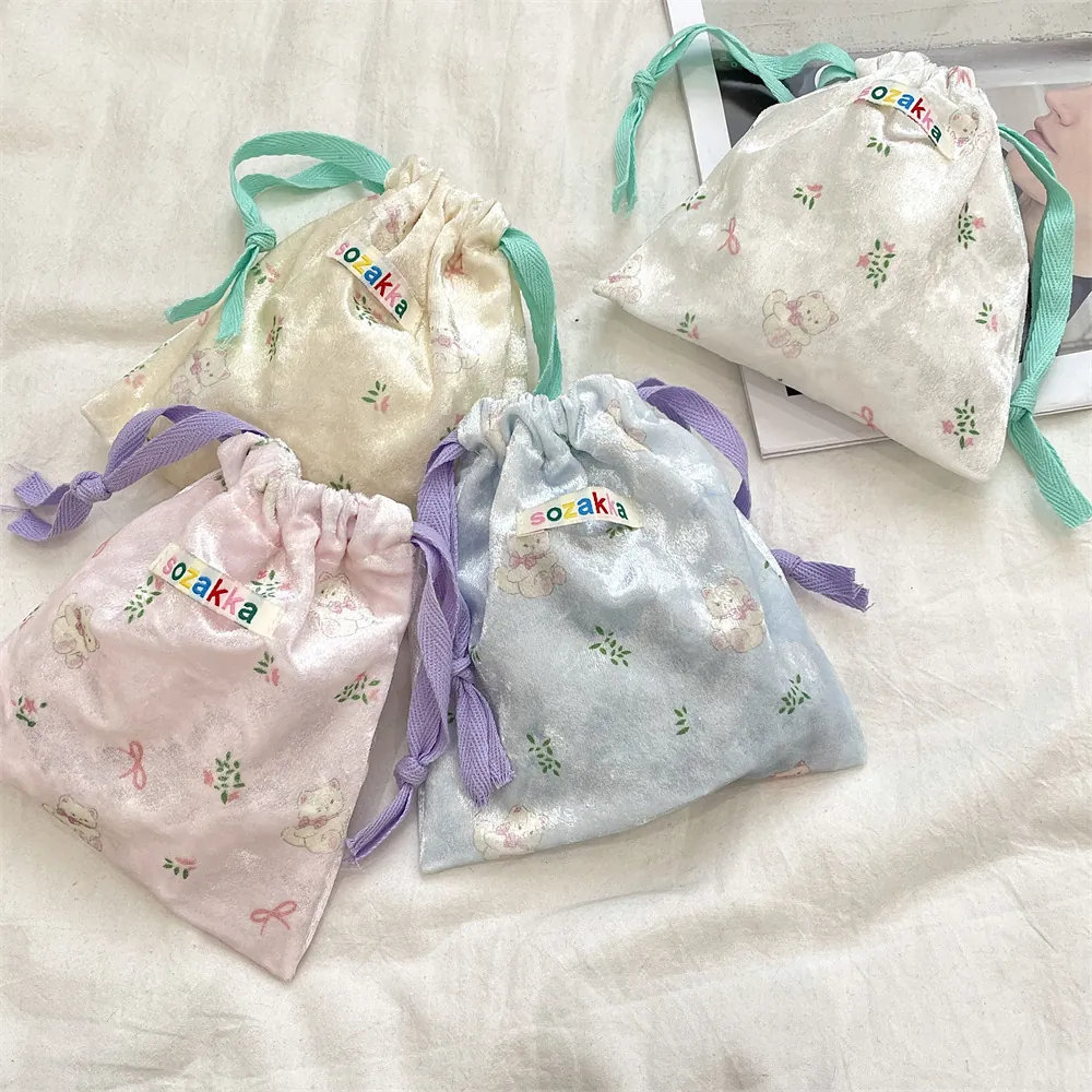 Sac De Rangement À Cordon Velours Ours Dessin Animé Imprimé Fleuri Mignon Pochette Maquillage Voyage Organisateur Portable