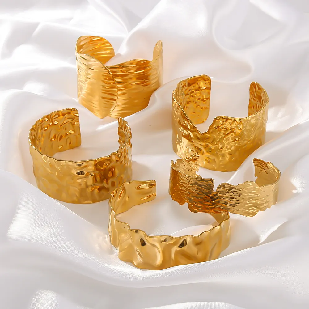 Wide Cuff Bracelet Stainless Steel Gold Plated Hammered Irregular Textured Open Bangle Hip Hop Punk Jewelry Women