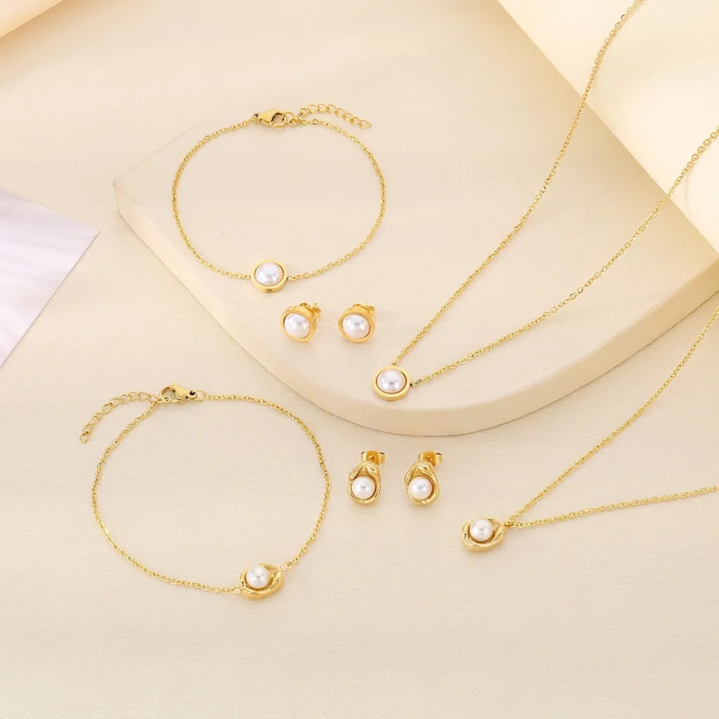 316L Stainless Steel Necklace Bracelet And Earrings With Shell Artificial Pearl Elegant Simple Fashion Style For Women