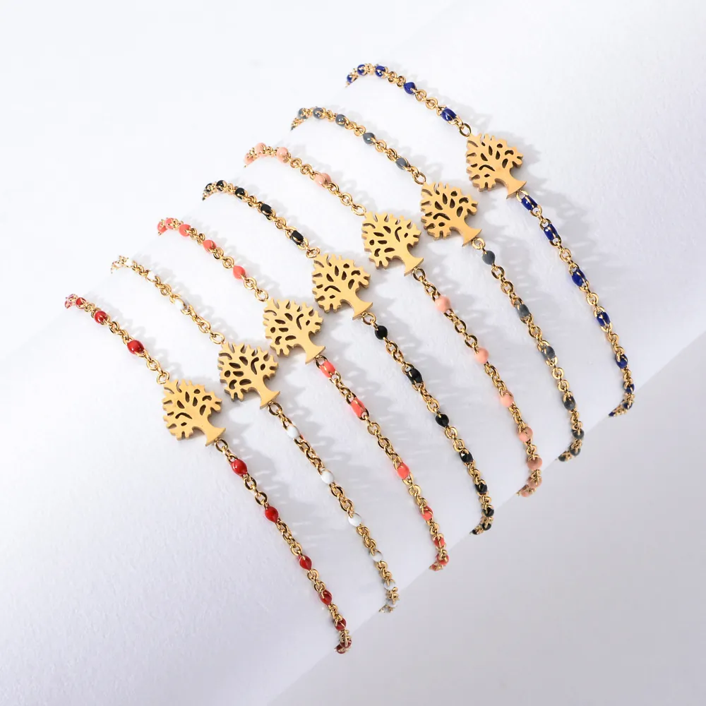 Tree Of Life Pendant Bracelet Stainless Steel 18K Gold Plated Adjustable Colorful Enamel Beads Jewelry For Women