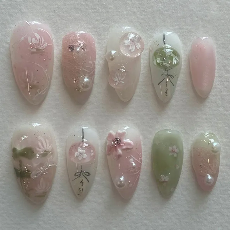 Handmade Almond Press On Nails Pink Green Gradient 3D Embossed Flowers Artificial Pearl Elegant Chinese Style Fairy Manicure Tips