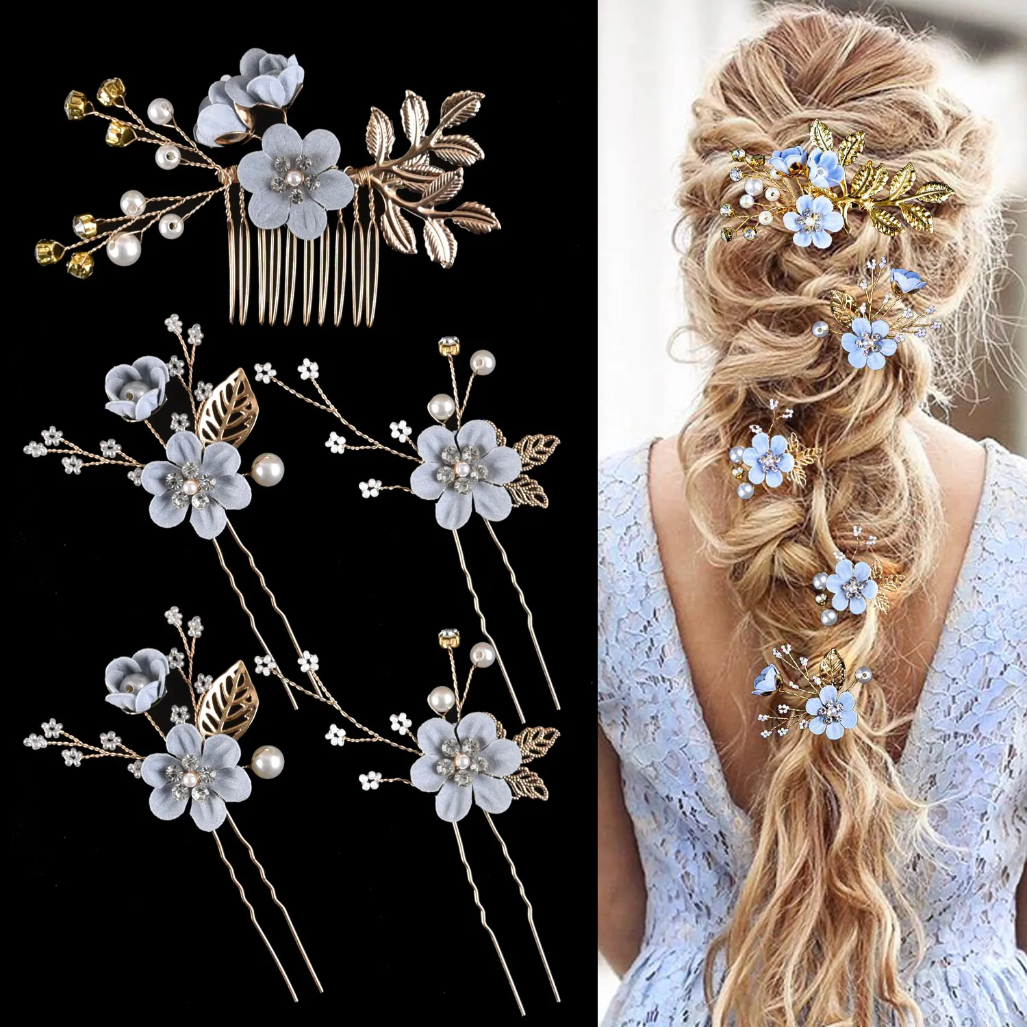 Floral Bridal Hair Comb Hairpins Wedding Headpiece Gold Alloy Crystal Artificial Pearl Rhinestone Women Hair Accessory
