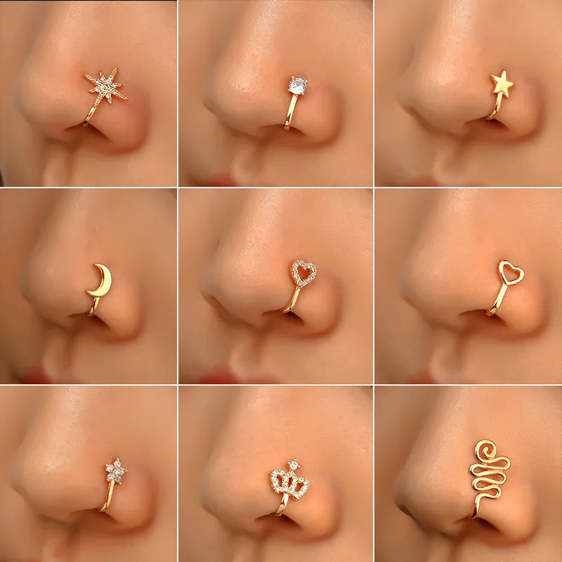 Fake Nose Ring Non-Piercing Nose Cuff Copper Cubic Zirconia Heart Star Moon U-Shaped Adjustable Body Jewelry For Women