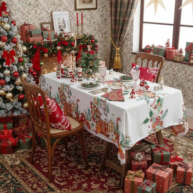 Mantel De Navidad Poliéster Rectangular Papá Noel Campanas Reno Copos De Nieve Impreso Cubierta De Mesa De Comedor Decoración De Fiesta