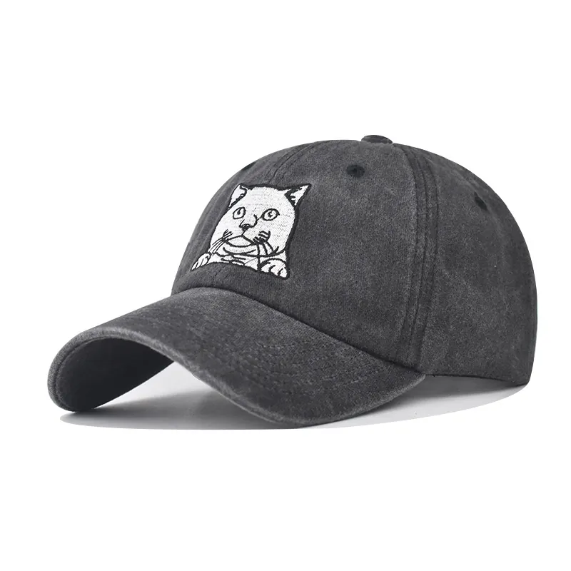 Washed Cotton Baseball Cap Vintage Distressed Dad Hat Adjustable Breathable Sun Protection Embroidered Cat Dog Face