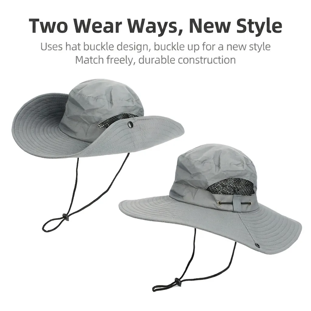 Quick Dry Nylon Bucket Hat Wide Brim Sun Protection Breathable Mesh Outdoor Fishing Boonie Hat With Adjustable Drawstring