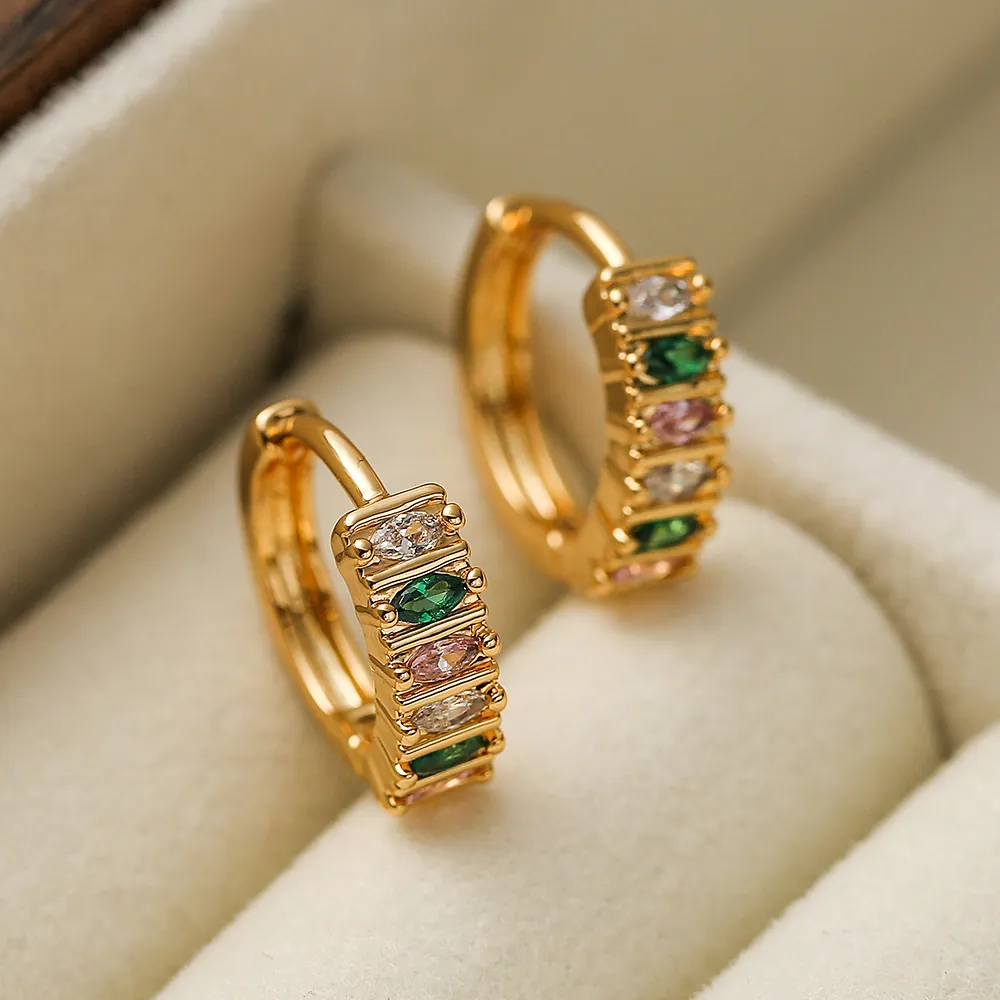 Hoop Earrings With Cubic Zirconia Cross Pendant And Rainbow Stones Copper Gold Plated Fashion Jewelry For Women