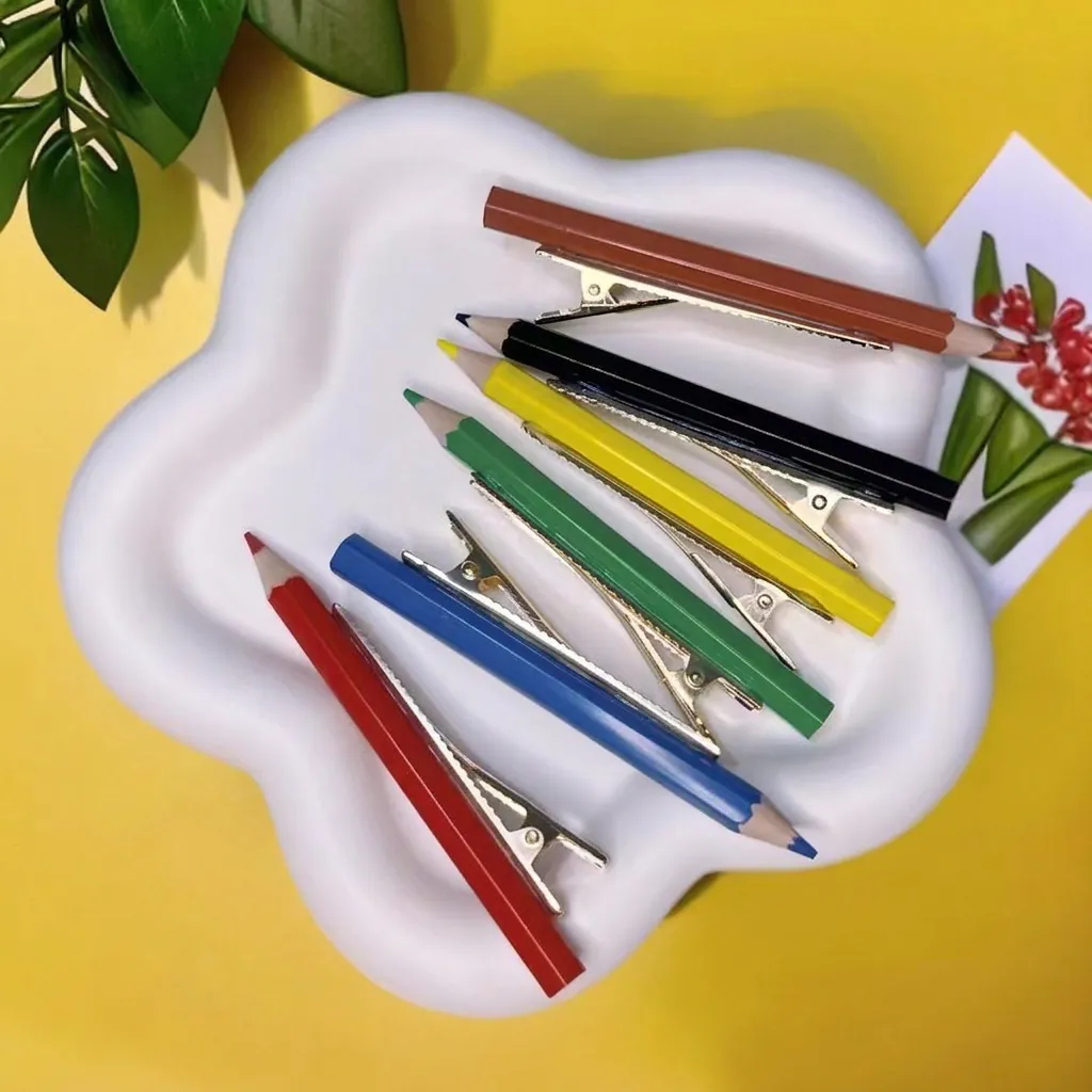 Pince À Cheveux Créative En Forme De Crayon Plastique Résine Métal Simulation Papeterie Barrette Bec De Canard Pour Filles