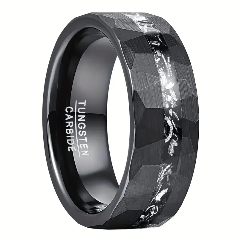 Men Ring Tungsten Carbide Hammered Finish Imitation Meteorite Inlay Comfort Fit Business Vintage Black Jewelry Band