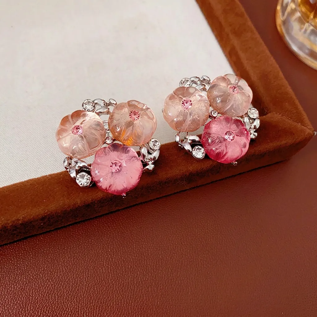 Orecchini A Bottone A Fiore Con Perno In Argento Resina Gradiente Zircone Elegante Gioielli Per Donne