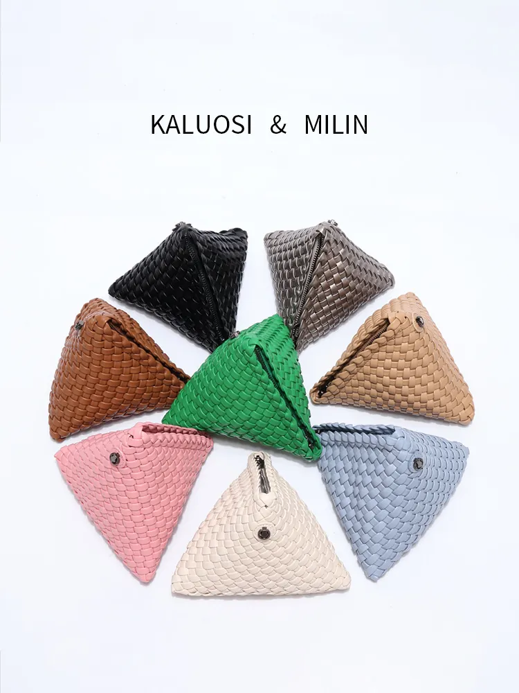 Women PU Leather Woven Triangular Crossbody Bag Mini Intrecciato Style Wristlet Pouch With Chain Strap Fashion
