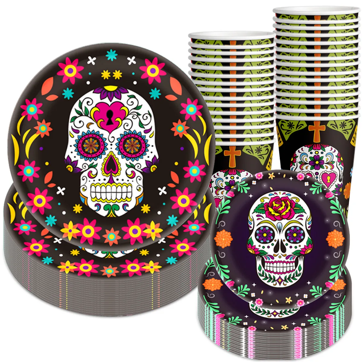 Day Of The Dead Halloween Party Tableware Set Skull Floral Pattern Disposable Paper Plates Cups Black Plastic Cutlery Party Decoration